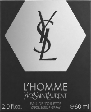 Yves Saint Laurent L'Homme EDT 60ml, czarne pudełko z metalicznym heksagonalnym logo YSL, widok z przodu.