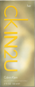 Frontalny widok złotego pudełka Calvin Klein CKIN2U for her eau de toilette z pionowym, żółtym logo.