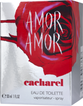 Cacharel Amor Amor EDT, biało-srebrne pudełko z czerwoną różą i nazwą, widok z przodu, pojemność 30ml.