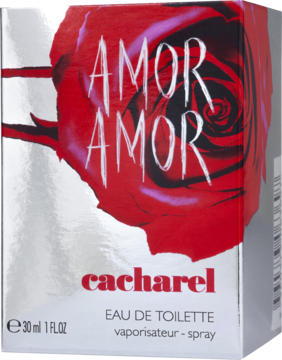 Cacharel Amor Amor EDT, biało-srebrne pudełko z czerwoną różą i nazwą, widok z przodu, pojemność 30ml.