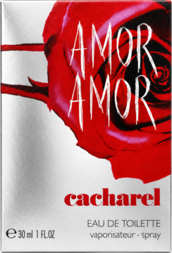Cacharel Amor Amor woda toaletowa 30ml. Srebrne pudełko z czerwoną różą i białym napisem. Widok z przodu.