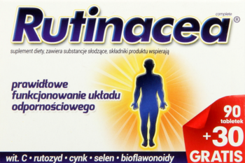 Białe pudełko suplementu Rutinacea Complete na odporność, z fioletowym logo i promocją 90+30 GRATIS.