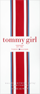 Tommy Hilfiger Tommy Girl woda toaletowa w białym pudełku z pionowymi czerwono-niebieskimi pasami, widok z przodu.