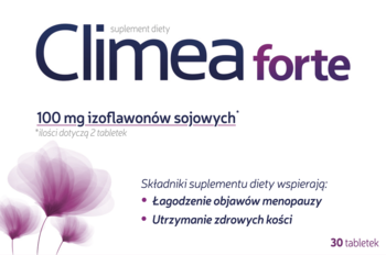 Climea forte suplement diety, biało-fioletowe pudełko, widok z przodu, 100 mg izoflawonów sojowych, łagodzi menopauzę.