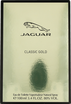 Złote opakowanie wody toaletowej Jaguar Classic Gold dla mężczyzn z czarnym logo kota Jaguar i tekstem.