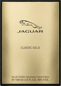 Złote opakowanie Jaguar Classic Gold Eau de Toilette 100ml z czarnym logo jaguara i elegancką ramką, widok z przodu.