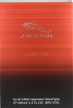Czerwono-czarne pudełko męskiej wody toaletowej Jaguar Classic Red 100ml, z logo, widok z przodu.