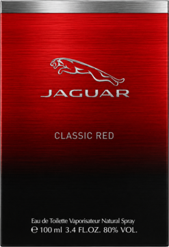 Jaguar Classic Red, męska woda toaletowa 100 ml. Czerwone pudełko z metalicznym efektem, srebrne logo Jaguar, widok z przodu.