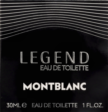 Montblanc Legend Eau de Toilette 30ml, czarny kartonik z białym napisem i liniami, widok z przodu.