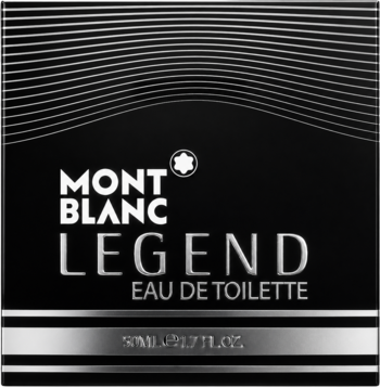 Czarna, prostokątna paczka Montblanc Legend Eau de Toilette dla mężczyzn, ze srebrnym logo i napisami na froncie.