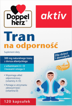 Białe opakowanie Doppelherz Tran na odporność, suplement diety z wit. A+D, dla dzieci i dorosłych.