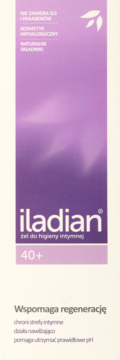 Fioletowy Iladian żel do higieny intymnej 40+, hipoalergiczny, z białym logo, widok z przodu.