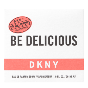 Białe pudełko perfum DKNY Be Delicious Fresh Blossom 30ml, z koralową etykietą, widok z przodu.