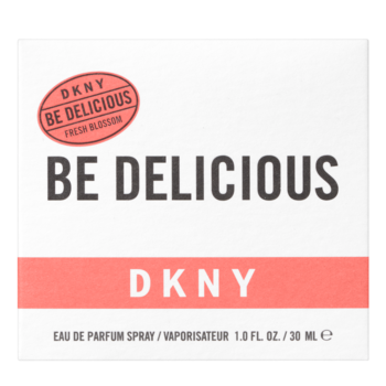 Białe pudełko perfum DKNY Be Delicious Fresh Blossom 30ml, z koralową etykietą, widok z przodu.