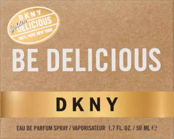 Pudełko perfum DKNY Be Delicious Gold, brązowe ze złotym paskiem i białym napisem, widok z przodu.