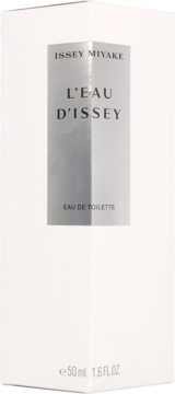 Białe pudełko wody toaletowej Issey Miyake L'Eau D'Issey 50ml, srebrny panel z napisami, widok z przodu.