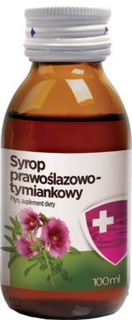 Bursztynowa butelka Syropu prawoślazowo-tymiankowego 100 ml, etykieta z fioletowymi kwiatami, widok z przodu.