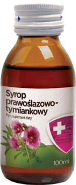 Bursztynowa butelka Syropu prawoślazowo-tymiankowego 100 ml, etykieta z fioletowymi kwiatami, widok z przodu.
