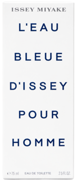 Białe pudełko Issey Miyake L'Eau Bleue d'Issey Pour Homme 75 ml Eau de Toilette z ciemnoniebieskim napisem, widok z przodu.