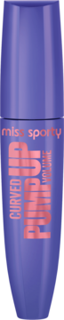 Fioletowy tusz Miss Sporty Pump Up Curved Volume w podłużnej tubce z różowym napisem, widok z przodu.
