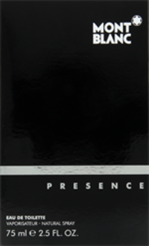 Czarna, prostokątna paczka Mont Blanc Presence woda toaletowa dla mężczyzn 75 ml, widok z przodu.