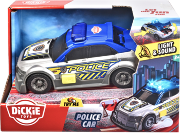 Srebrno-niebieski radiowóz Dickie Toys w pudełku, z funkcją światła i dźwięku, widok z przodu, z logo Try Me.