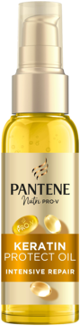Bursztynowy olejek Pantene Pro-V Keratin Protect Oil w butelce z pompką do intensywnej naprawy włosów. Widok z przodu.