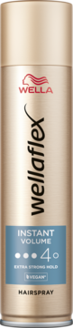 Złoty lakier Wellaflex Instant Volume 4 Hairspray, pionowa butelka z niebieską etykietą i białym napisem.
