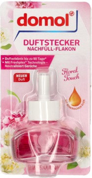 domol Floral Touch DUFTSTECKER NACHFÜLL-FLAKON, różowy wkład do odświeżacza z olejkami, butelka na kwiatowym kartonie.