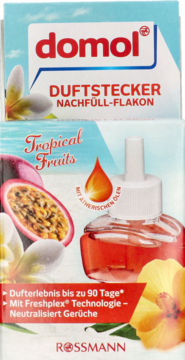 Domol Tropical Fruits wkład do odświeżacza powietrza, butelka z pomarańczowym płynem, na pudełku owoce i kwiaty.