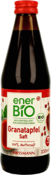 Butelka soku z granatu enerBiO Rossmann 330ml z czerwoną nakrętką i beżową etykietą, widok z przodu.