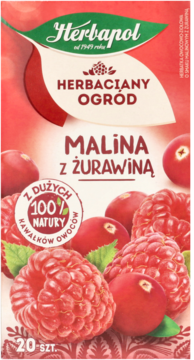 Czerwone opakowanie herbaty Herbapol Malina z Żurawiną, 20 szt., z grafiką świeżych malin i żurawin, widok z przodu.
