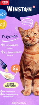 Winston Przysmaki dla kota 8x (łosoś, kurczak). Niskokaloryczne kocie smakołyki w tubkach z rudym kotem.