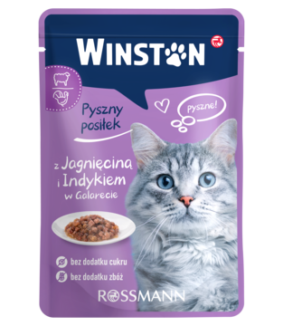 Front fioletowo-niebieskiej saszetki Winston karma mokra dla kotów, jagnięcina i indyk, z wizerunkiem kota.