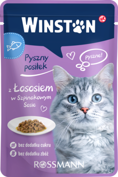 Winston mokra karma dla kota, łosoś w sosie szpinakowym, fioletowa saszetka z kotem na przodzie.