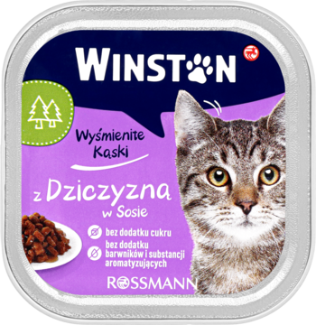 Winston karma dla dorosłych kotów z dziczyzną w sosie, bez cukru. Fioletowe opakowanie z kotem, widok z przodu.