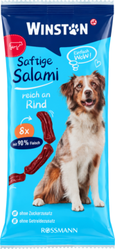 Winston soczyste kiełbaski salami dla psów z wołowiną. Niebieska torebka, pies, 8 smakołyków. Bez cukru i zbóż.