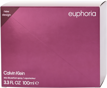 Calvin Klein Euphoria 100ml EDP dla kobiet, ciemnoróżowe opakowanie z napisem "new design", widok z przodu.