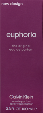 Purpurowe pudełko Calvin Klein Euphoria eau de parfum 100 ml, widok z przodu, z napisem 'new design'.