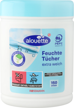 Alouette chusteczki nawilżane 150 szt. z bio-aloesem, biały pojemnik, delikatne, widok z przodu.