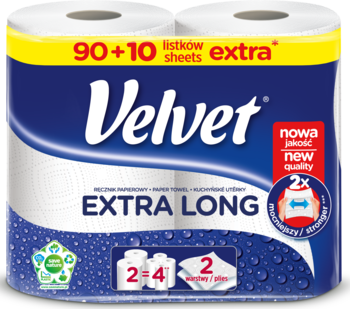 Velvet Ręcznik papierowy EXTRA LONG, granatowe opakowanie, 2 rolki, 90+10 listków, widok z przodu.