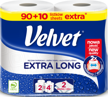 Ręcznik papierowy Velvet EXTRA LONG, opakowanie 2 rolek, 90+10 listków extra, widok z przodu.