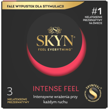 Czarne opakowanie SKYN Intense Feel z wypustkami, czerwonym łukiem i złotym logo, 3 nielateksowe prezerwatywy.