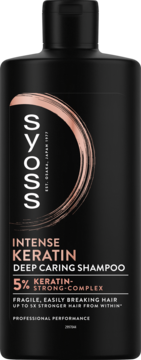 Szampon Syoss Intense Keratin Deep Caring, czarna butelka z miedzianym wzorem, wzmacniający kruche włosy, widok z przodu.