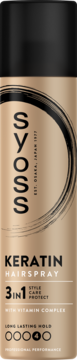 Syoss Keratin Hairspray, złoty lakier do włosów 3w1, front, z czarną nakrętką, poziom utrwalenia 4.