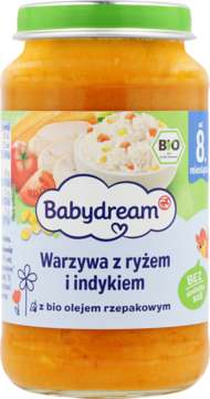 Frontowy widok słoika Babydream Warzywa z ryżem i indykiem BIO, od 8. miesiąca, bez dodatku soli.