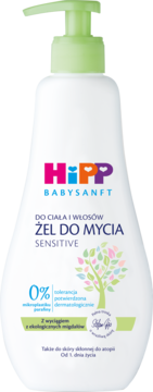 HIPP Baby Sanft Sensitive,żel do mycia ciała i włosów dla dzieci, od 1. dnia życia,przód