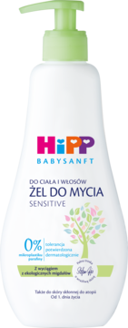 HiPP Babysanft ŻEL DO MYCIA SENSITIVE, biała butelka z zieloną pompką, widok z przodu, dla dzieci od 1. dnia życia.