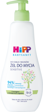 HiPP Babysanft Sensitive żel do mycia ciała i włosów, biała butelka z zieloną pompką, widok z przodu.