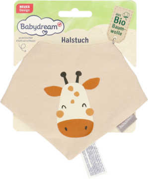Chustka-śliniak Babydream z organicznej bawełny, beżowa z uśmiechniętą głową żyrafy, widok przodem w opakowaniu.